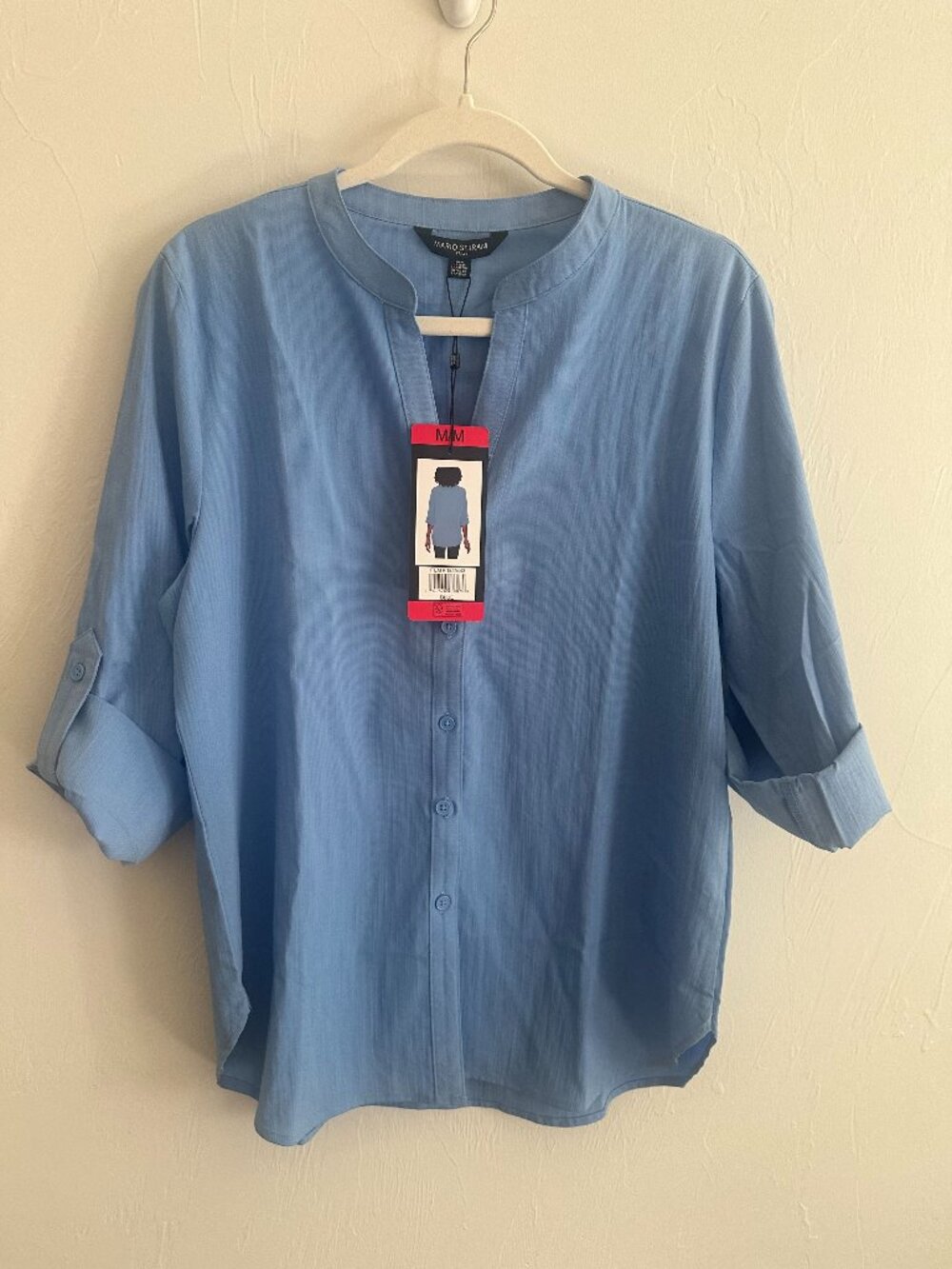 NWT Mario Serrani Button Front Roll-Sleeve Blouse Blue Size M